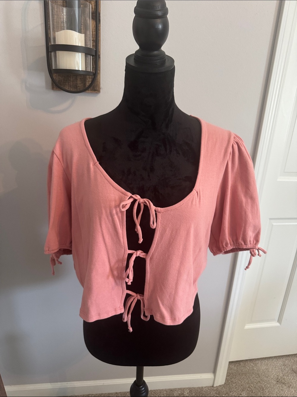 Moa Moa Pink Tie-Front Crop Top with Puff Sleeves
